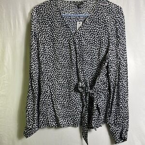 NWT Talbots Long Sleeve Top Size L P, Black & White, Faux Wrap Blouse Designer